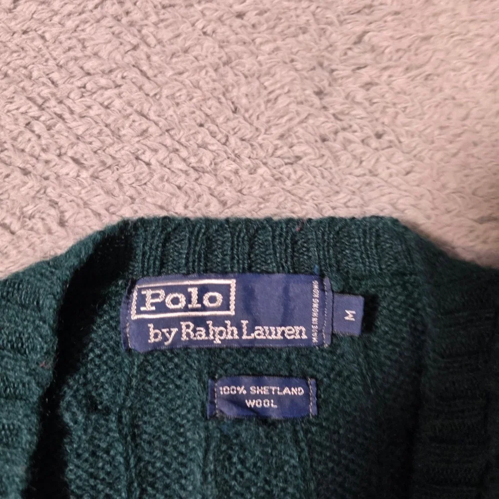 Polo Ralph Lauren Mens M Sweater Vest Green Shetland Wool Cable Knit V-Neck